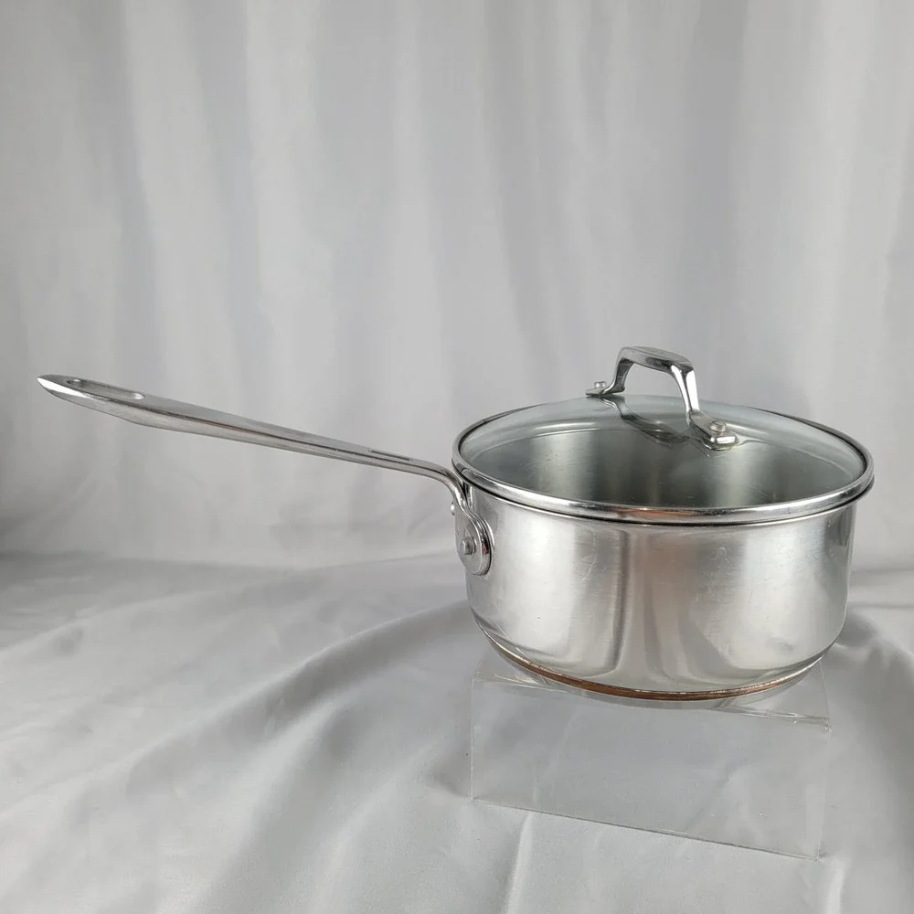 Emeril Saucepan 2Qt Silver Stainless Steel Copper Bonded Base with Glass Lid